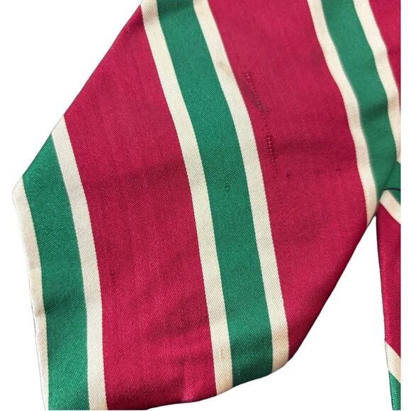 AKM Red Green Gold Striped Italian Silk Hand Made Tie - Picture 2 of 6